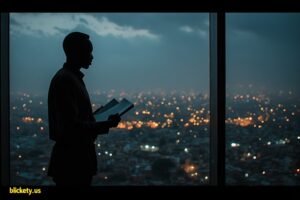 A silhouette of Altimore Fields — or a representative figure — standing at a window overlooking Nairobi at night. City lights glow below. The figure holds a document or tablet, as if reading a diplomatic brief or the article itself. Posture is deliberate, not defeated — this is the moment before the decision, not after failure. The scene is moody but forward-looking, with a sense of quiet resolve. Lighting is low-key, with ambient city glow and subtle interior light. In the lower left corner, a watermark in neon golden font reads: blickety.us.

Alt text (for reference):
An Afro-Futurist perspective on Kenya foreign policy 2026 — the sovereign debt is real, but the window to choose differently has not closed yet.